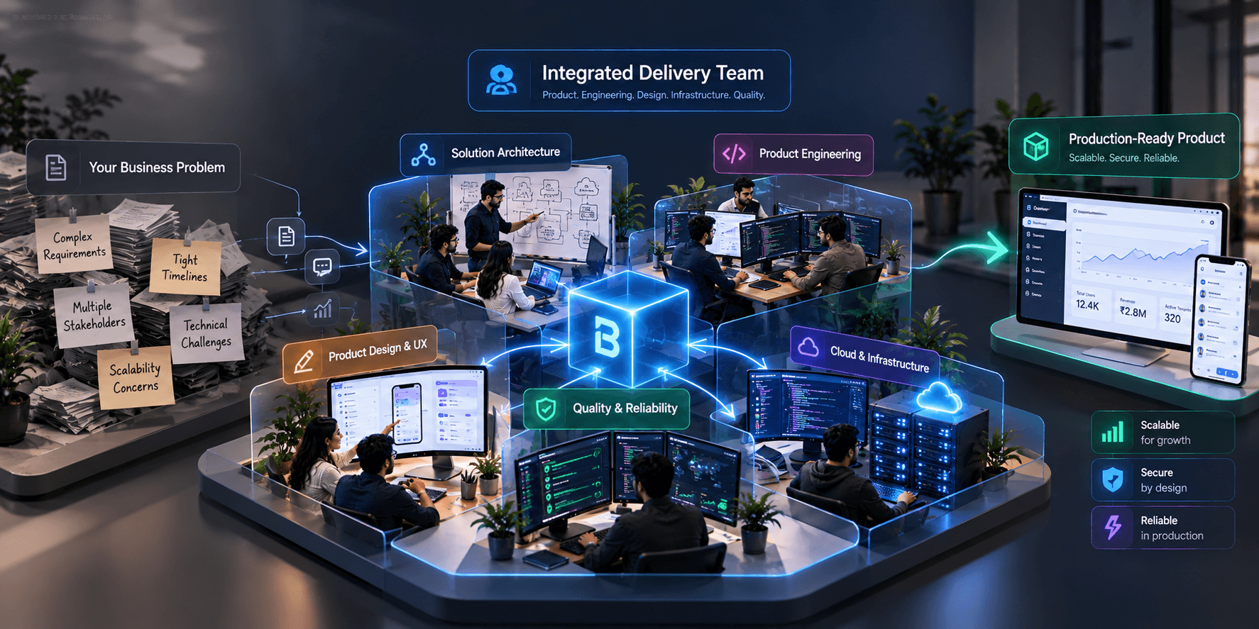 Bitzcrew Integrated Delivery Team Blueprint — Architecture, Engineering, Design, Cloud, and QA aligned directly on execution